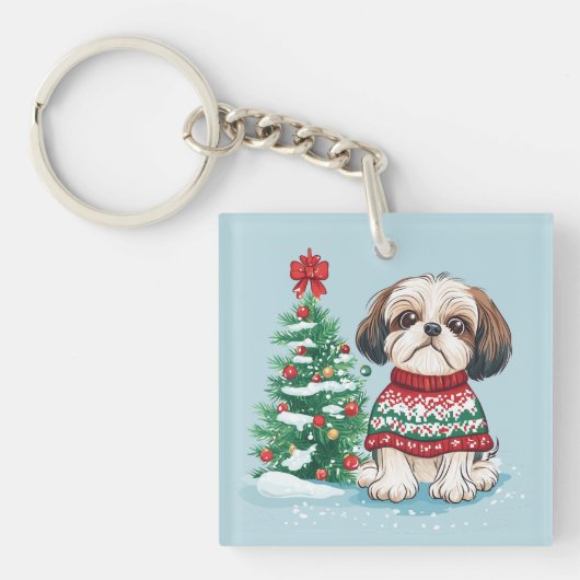 Kerstmis Shih Tzu Kerstman Hond Sleutelhanger (Voorkant)