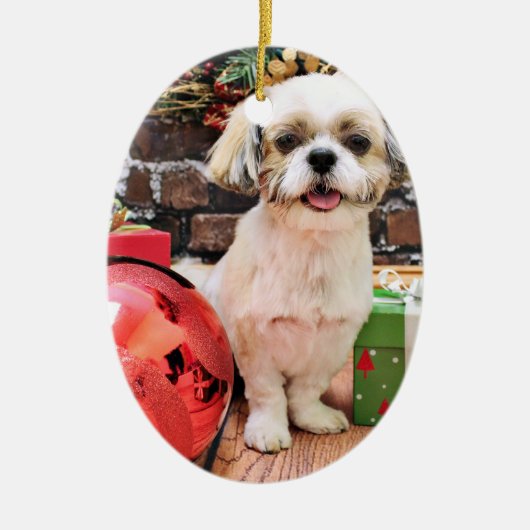 Kerstmis - Shih Tzu - Marley Keramisch Ornament (Voorkant)
