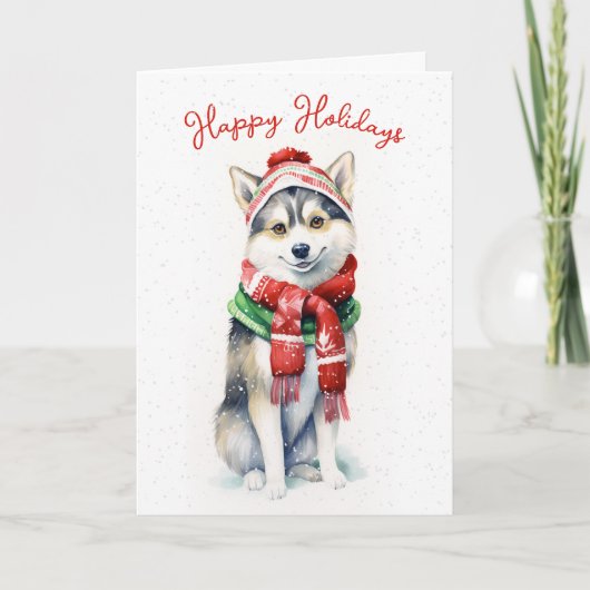 Kerstmis Siberische Husky in Sneeuwvlokken Feestdagen Kaart (Voorkant)