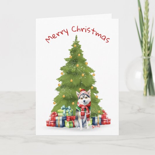 Kerstmis Siberische Husky met geschenken Feestdagen Kaart (Voorkant)