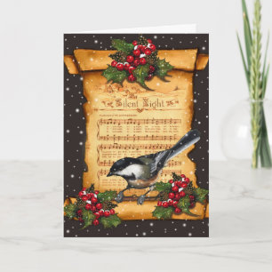 Kerstmis: Silent Night Sheet Music, Scroll, Bird Feestdagen Kaart