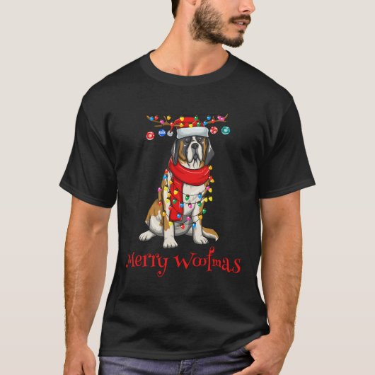 Kerstmis Sint Bernard Dog Holiday Lights Merry W T-shirt (Voorkant)