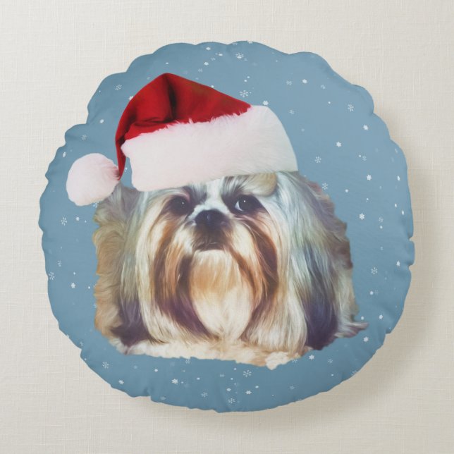 Kerstmis, sjiitische Tzu Dog, Santa Hat Rond Kussen (Voorkant)