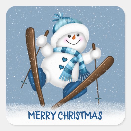 Kerstmis Skiing Snowman Vierkante Sticker (Voorkant)