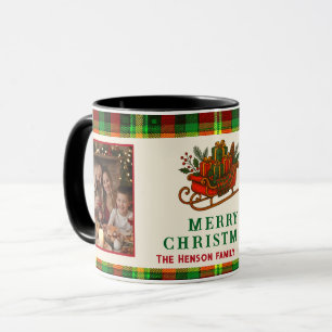 Kerstmis slee geschenken geruite 2 foto's mok