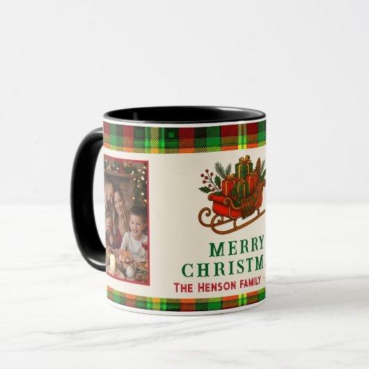Kerstmis slee geschenken geruite 2 foto's mok (Voorkant links)