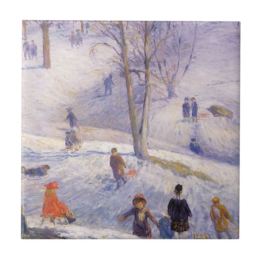 Kerstmis, sleeën, Central Park Glackens Tegeltje (Voorkant)