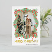 Kerstmis Slinger Lijst Strik Foto Goud Folie Uitnodiging (Staand Voorkant)