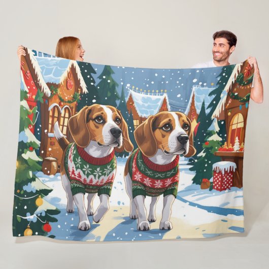 Kerstmis Sneeuw Vakantie Beagle Honden Fleece Deken (In situ)