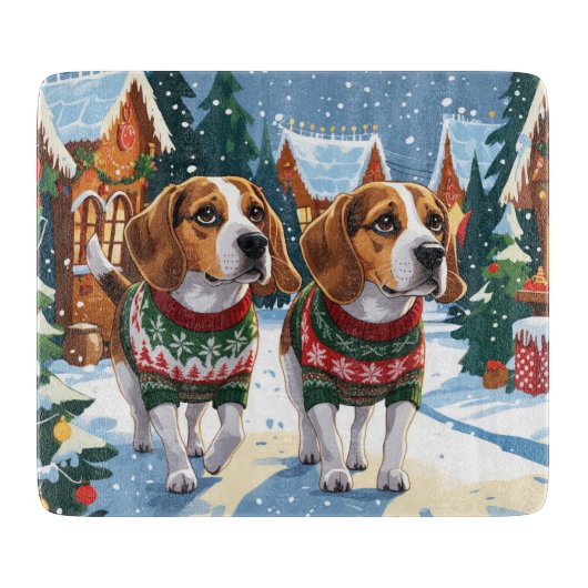 Kerstmis Sneeuw Vakantie Beagle Honden Snijplank (Voorkant)