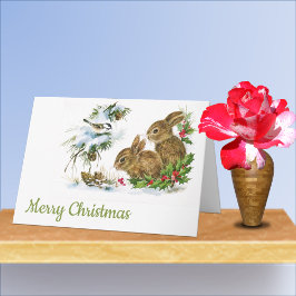 Kerstmis sneeuw vintage konijnen en vogels kaart