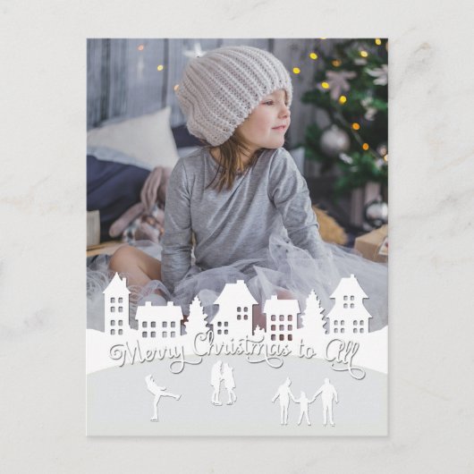 Kerstmis Sneeuw Wit Dorp Silhouet Feestdagenkaart (Voorkant)