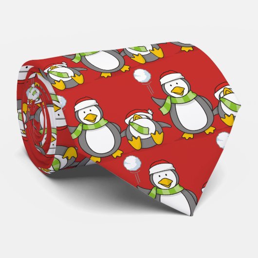 Kerstmis Sneeuwballende pinguïns Stropdas (Opgerold)