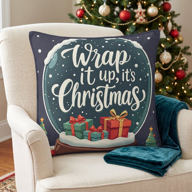 Kerstmis Sneeuwbol Ontwerp 'Wikkel Het Af' Kussen (Wrap It Up It’s Christmas Snow Globe Design Throw Pillow)