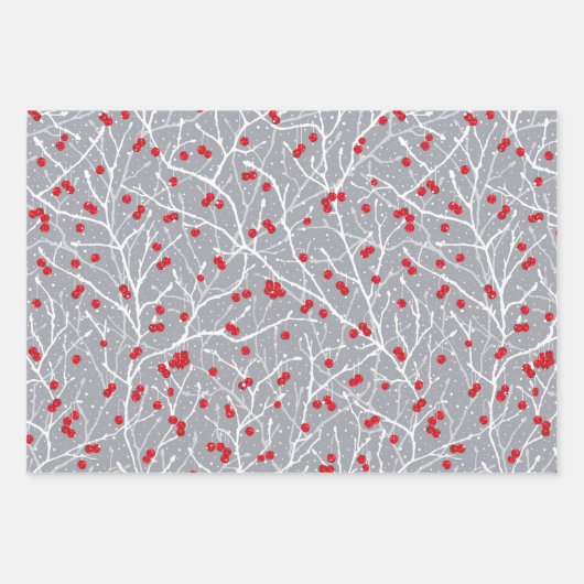 Kerstmis Sneeuwige Winterbessen | Goud/Grijs/Rood/ Inpakpapier Vel (Voorkant 3)