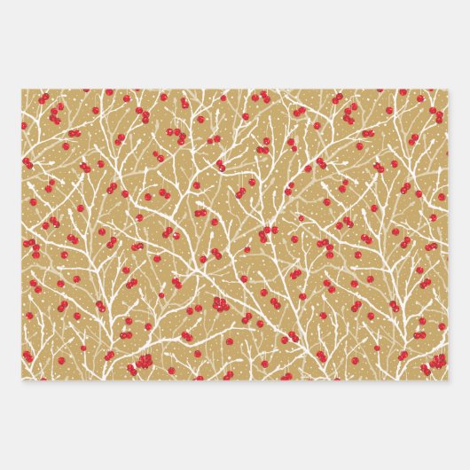 Kerstmis Sneeuwige Winterbessen | Goud/Grijs/Rood/ Inpakpapier Vel (Voorkant 2)