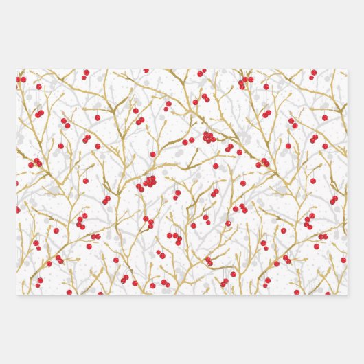 Kerstmis Sneeuwige Winterbessen | Goud/Grijs/Rood/ Inpakpapier Vel (Voorkant)