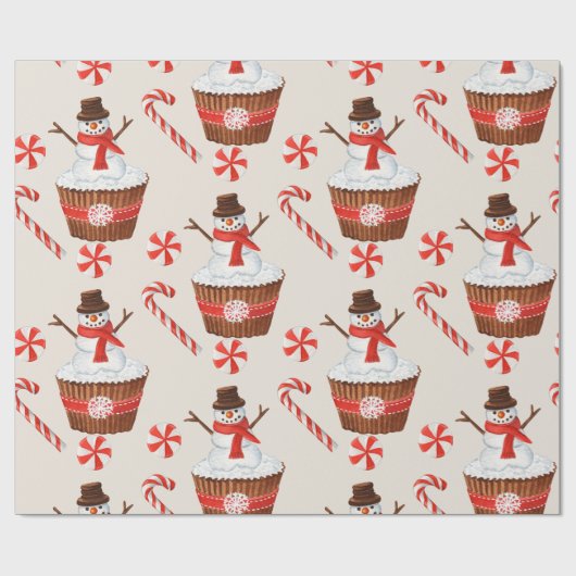 Kerstmis Sneeuwman Cupcake Cadeaupapier (Vlak)