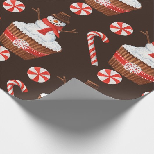 Kerstmis Sneeuwman Cupcake Cadeaupapier (Hoek)