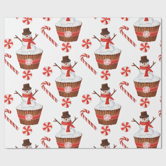 Kerstmis Sneeuwman Cupcake Cadeaupapier (Vlak)