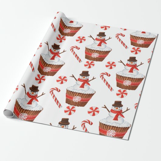 Kerstmis Sneeuwman Cupcake Cadeaupapier (Uitgerold)