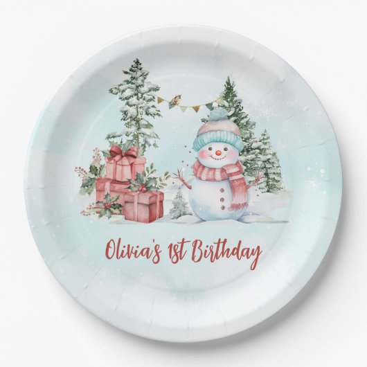Kerstmis Sneeuwman Eerste Verjaardag Papieren Bordje (Voorkant)