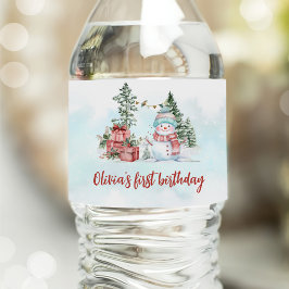 Kerstmis Sneeuwman Eerste Verjaardag Waterfles Etiket