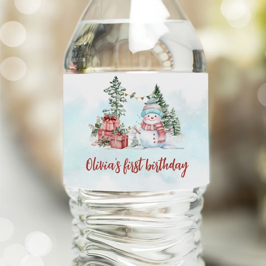 Kerstmis Sneeuwman Eerste Verjaardag Waterfles Etiket
