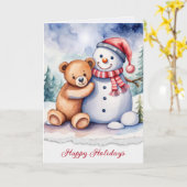 Kerstmis Sneeuwman en Teddy Beer Kaart (Gele Bloem)