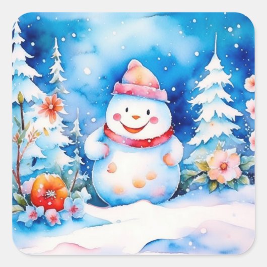 Kerstmis Sneeuwman en Winterbloemen Vierkante Sticker (Voorkant)