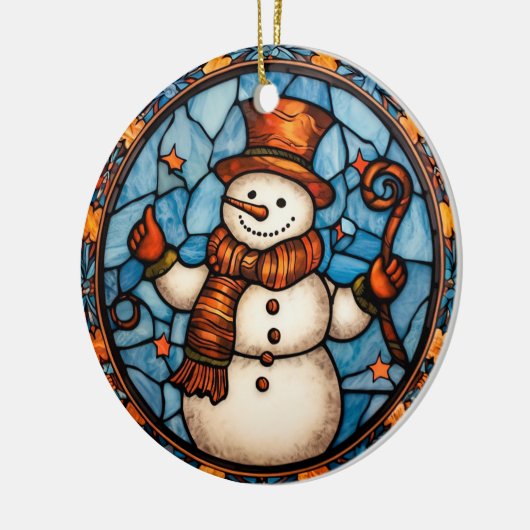 Kerstmis Sneeuwman gebrandschilderd glas stijl Keramisch Ornament (Links)
