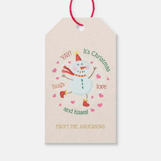 Kerstmis Sneeuwman Knuffels Liefde Kusjes Cadeaulabel (Voorkant)