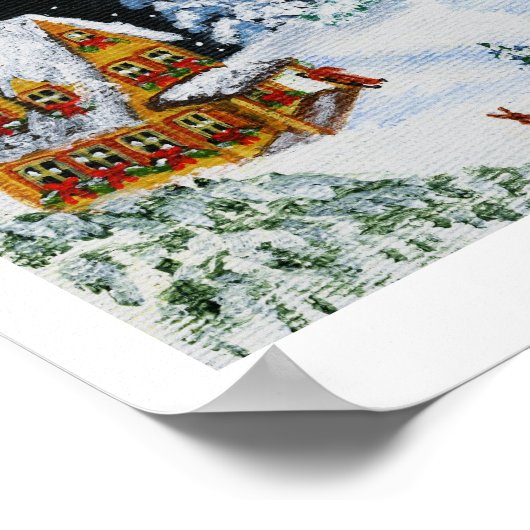 Kerstmis, sneeuwman, konijnen, Kerstman, landschap Poster (Hoek)