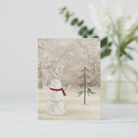 Kerstmis sneeuwman met ster voor dennenboom briefkaart (Staand voorkant)
