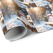 Kerstmis Sneeuwman op een parkbank Cadeaupapier (Rol Hoek)