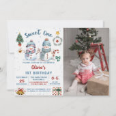 Kerstmis Sneeuwman Sweet One 1e Verjaardag Foto Kaart (Voorkant)