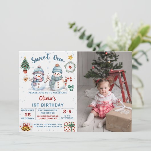 Kerstmis Sneeuwman Sweet One 1e Verjaardag Foto Kaart (Staand voorkant)
