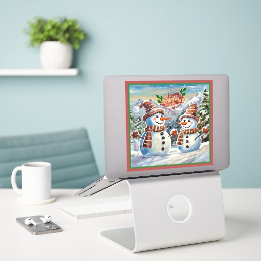 Kerstmis Sneeuwmannen, Vrolijk Kerstmis, Sticker (Laptop op bureau)