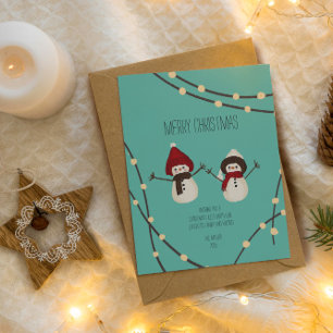 Kerstmis Sneeuwmannenduo – Winterlichten op Teal Briefkaart