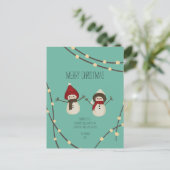 Kerstmis Sneeuwmannenduo – Winterlichten op Teal Briefkaart (Staand voorkant)