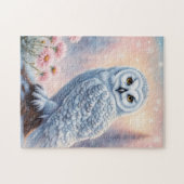 Kerstmis Sneeuwuil, roze bloemen. Legpuzzel (Horizontaal)