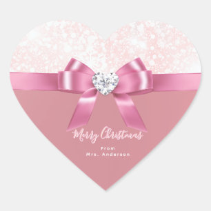 Kerstmis Sneeuwvlok Roze Glanzend Lint En Diamant Hart Sticker