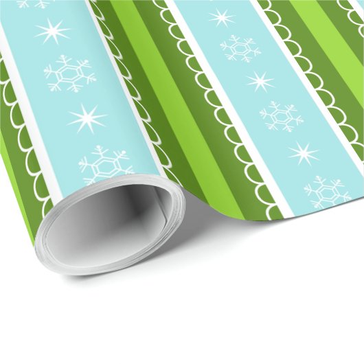 Kerstmis Sneeuwvlokken Blauw & Groen Streeppatroon Cadeaupapier (Rol Hoek)