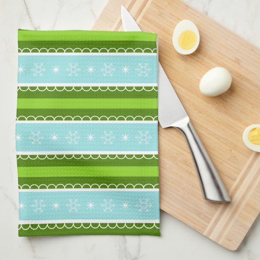 Kerstmis Sneeuwvlokken Blauw & Groen Streeppatroon Theedoek (Quarter Fold)