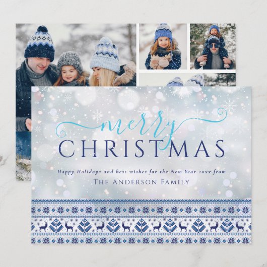 Kerstmis Sneeuwvlokken Folk Patroon 4 Foto Feestdagenkaart (Voorkant / Achterkant)