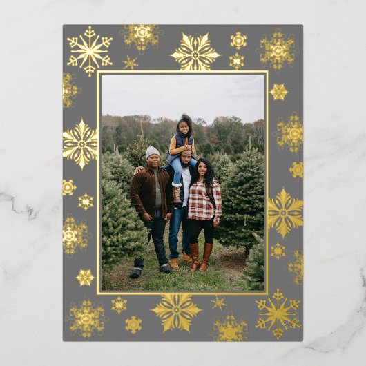Kerstmis Sneeuwvlokken Foto | Grijs Folie Feestdagen Briefkaart (Voorkant)