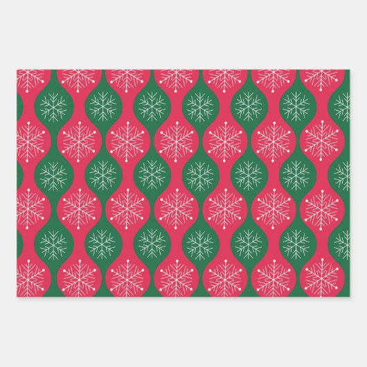 Kerstmis Sneeuwvlokken op  Groene Rode Ogee Inpakpapier Vel (Voorkant 2)