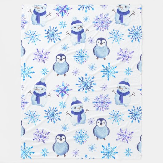 Kerstmis Sneeuwvlokken, sneeuwpoppen en pinguïns Fleece Deken (Voorkant)