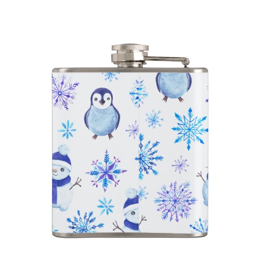 Kerstmis Sneeuwvlokken, sneeuwpoppen en pinguïns Heupfles (Achterkant)