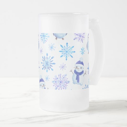 Kerstmis Sneeuwvlokken, sneeuwpoppen en pinguïns Matglas Bierpul (Voorkant rechts)